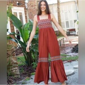 Natural Life Hannah Embroidered Sleeveless Bell-bottom Jumpsuit L Rust Boho chic